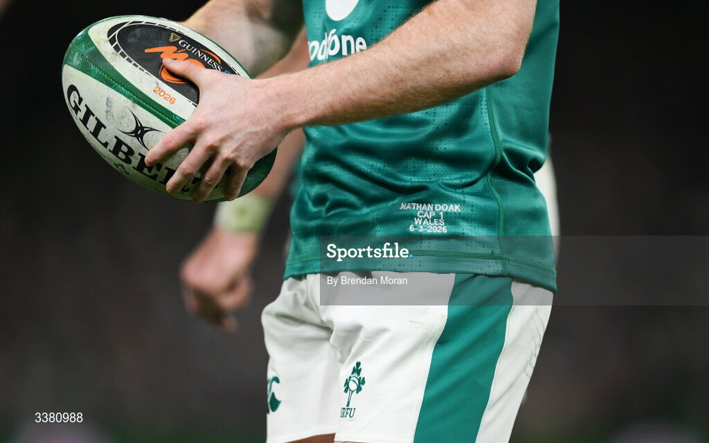 6 March 2026; Detail view of the jersey of Nathan Doak of Ireland on his debut during the Guinness 6 Nations Rugby Championship match between Ireland and Wales at the Aviva Stadium in Dublin. Photo by Brendan Moran/Sportsfile