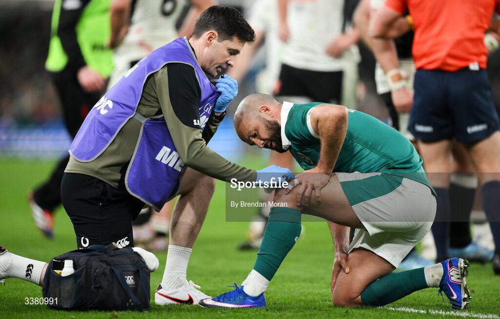 6 March 2026; Jamison Gibson-Park of Ireland receives medical attention from team doctor Stuart O'Flanagan during the Guinness 6 Nations Rugby Championship match between Ireland and Wales at the Aviva Stadium in Dublin. Photo by Brendan Moran/Sportsfile