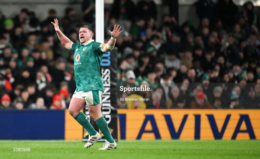 6 March 2026; Tadhg Furlong of Ireland during the Guinness 6 Nations Rugby Championship match between Ireland and Wales at the Aviva Stadium in Dublin. Photo by Brendan Moran/Sportsfile