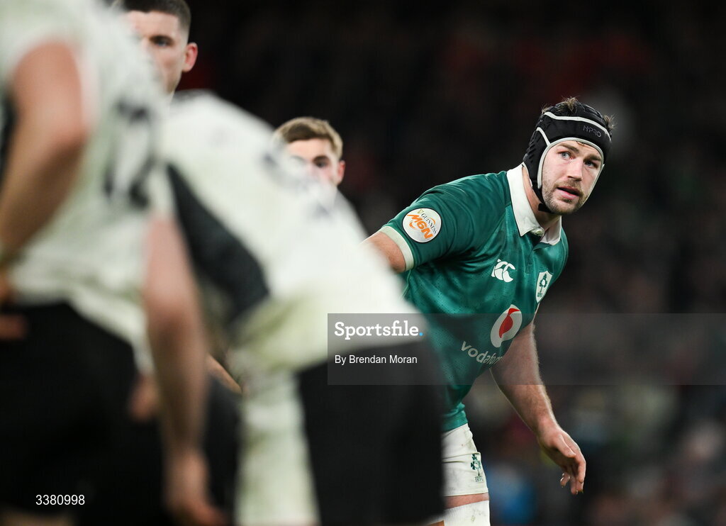 6 March 2026; Caelan Doris of Ireland during the Guinness 6 Nations Rugby Championship match between Ireland and Wales at the Aviva Stadium in Dublin. Photo by Brendan Moran/Sportsfile