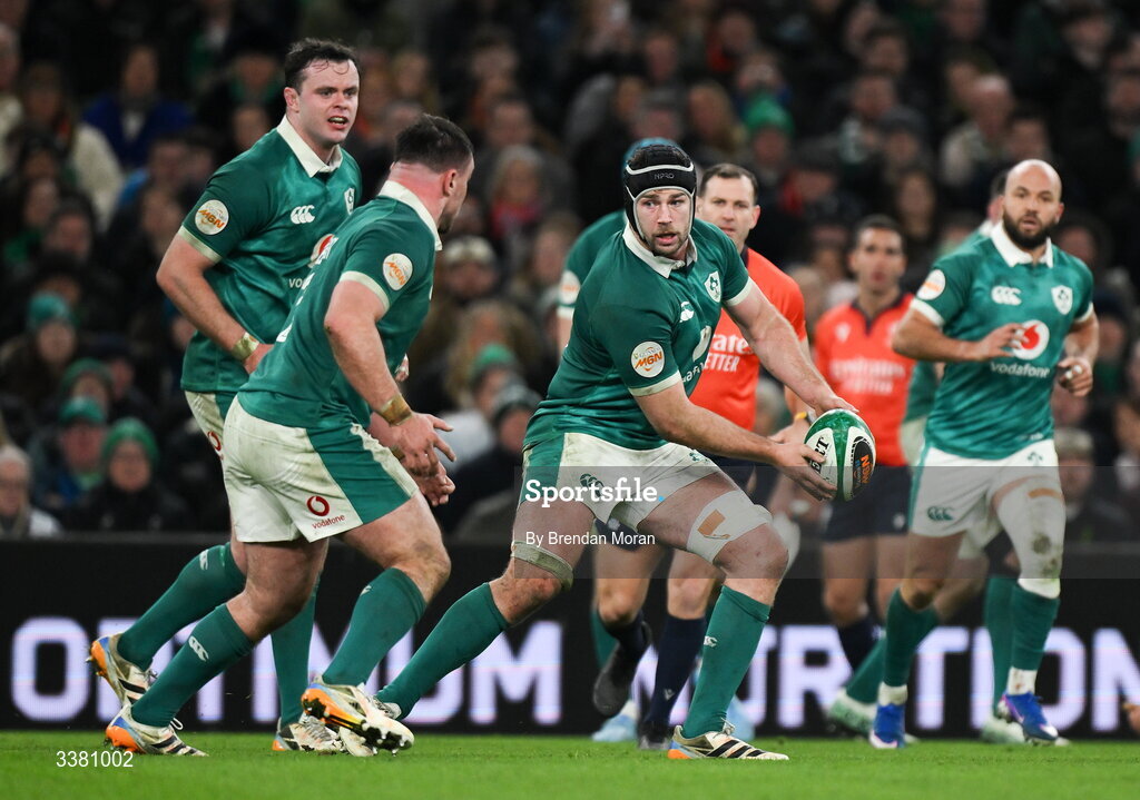 6 March 2026; Caelan Doris of Ireland during the Guinness 6 Nations Rugby Championship match between Ireland and Wales at the Aviva Stadium in Dublin. Photo by Brendan Moran/Sportsfile