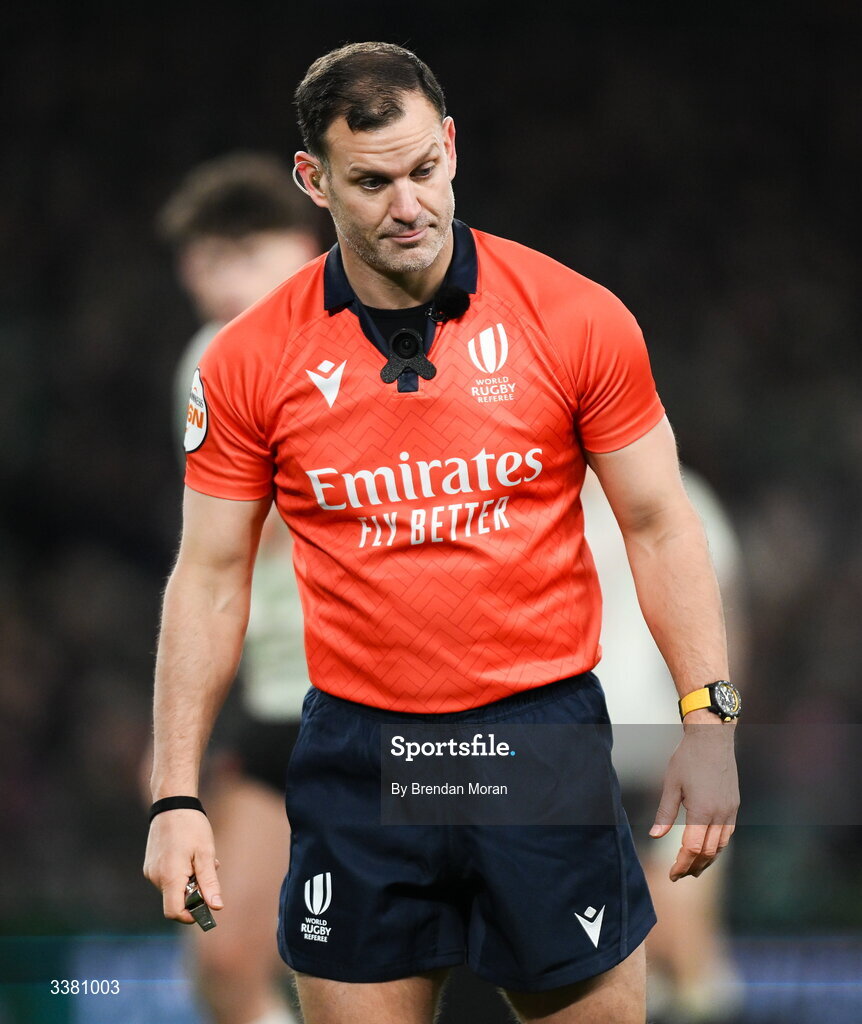 6 March 2026; Referee Karl Dickson during the Guinness 6 Nations Rugby Championship match between Ireland and Wales at the Aviva Stadium in Dublin. Photo by Brendan Moran/Sportsfile