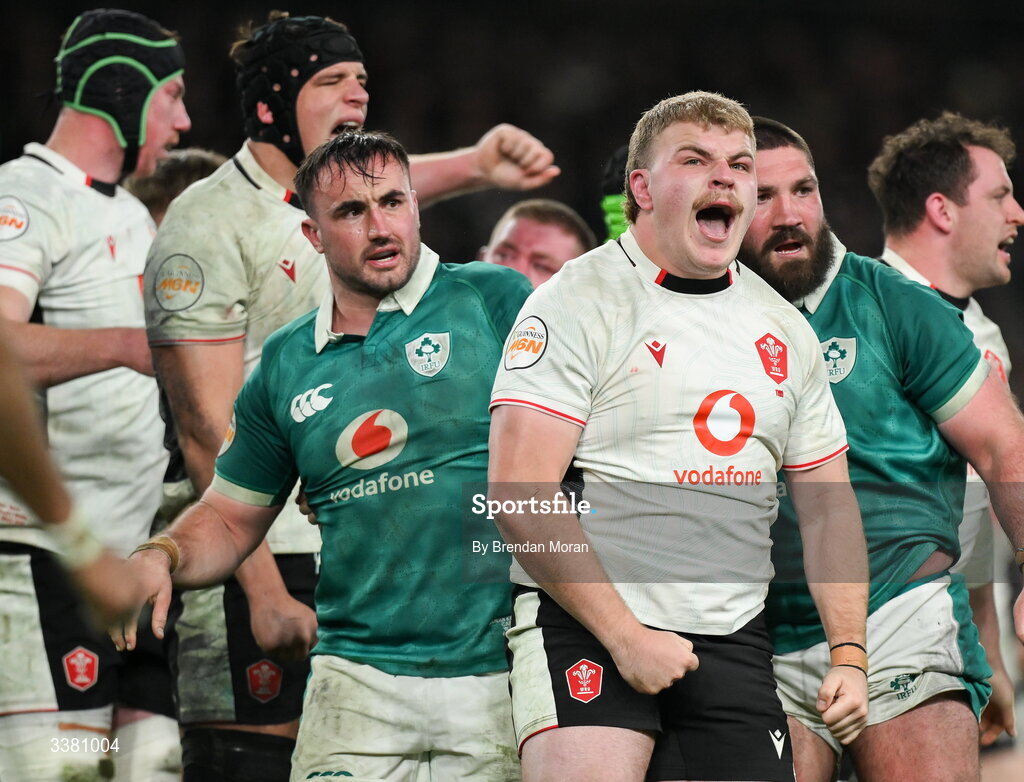 6 March 2026; Archie Griffin of Wales celebrates winning a scrum penaty during the Guinness 6 Nations Rugby Championship match between Ireland and Wales at the Aviva Stadium in Dublin. Photo by Brendan Moran/Sportsfile