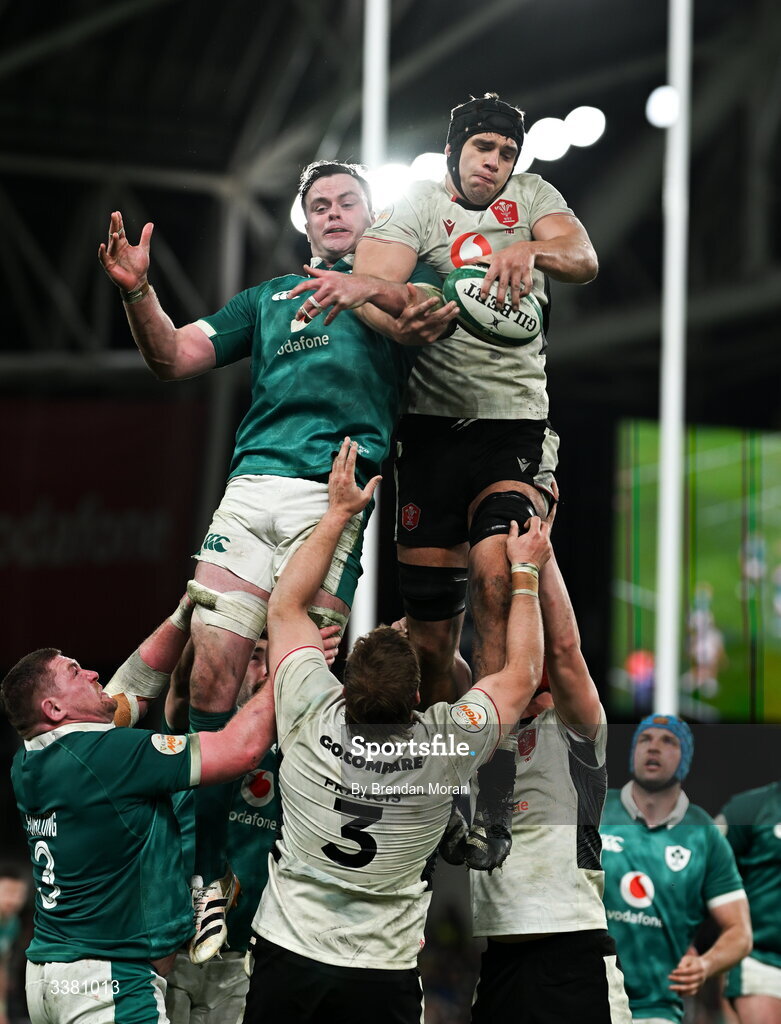 6 March 2026; Dafydd Jenkins of Wales contests a lineout with James Ryan of Ireland during the Guinness 6 Nations Rugby Championship match between Ireland and Wales at the Aviva Stadium in Dublin. Photo by Brendan Moran/Sportsfile