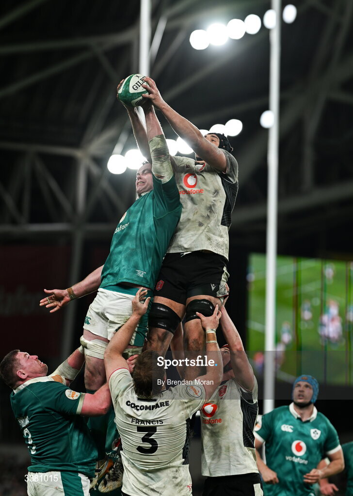 6 March 2026; Dafydd Jenkins of Wales contests a lineout with James Ryan of Ireland during the Guinness 6 Nations Rugby Championship match between Ireland and Wales at the Aviva Stadium in Dublin. Photo by Brendan Moran/Sportsfile