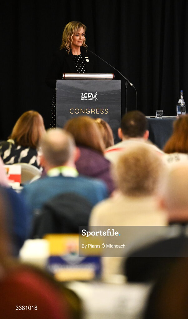 6 March 2026; GAA Rounders President Paula Doherty during day one of the LGFA Annual Congress at the Diamond Coast Hotel in Sligo. Photo by Piaras Ó Mídheach/Sportsfile