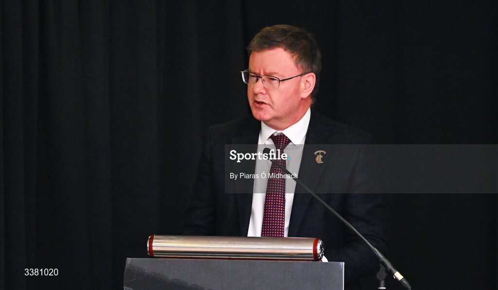6 March 2026; Camogie President Brian Molloy during day one of the LGFA Annual Congress at the Diamond Coast Hotel in Sligo. Photo by Piaras Ó Mídheach/Sportsfile