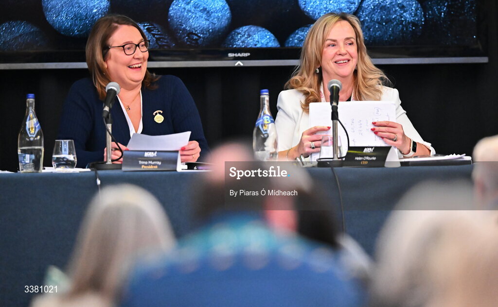 6 March 2026; LGFA president Trina Murray, left, and LGFA chief executive officer Helen O'Rourke during day one of the LGFA Annual Congress at the Diamond Coast Hotel in Sligo. Photo by Piaras Ó Mídheach/Sportsfile