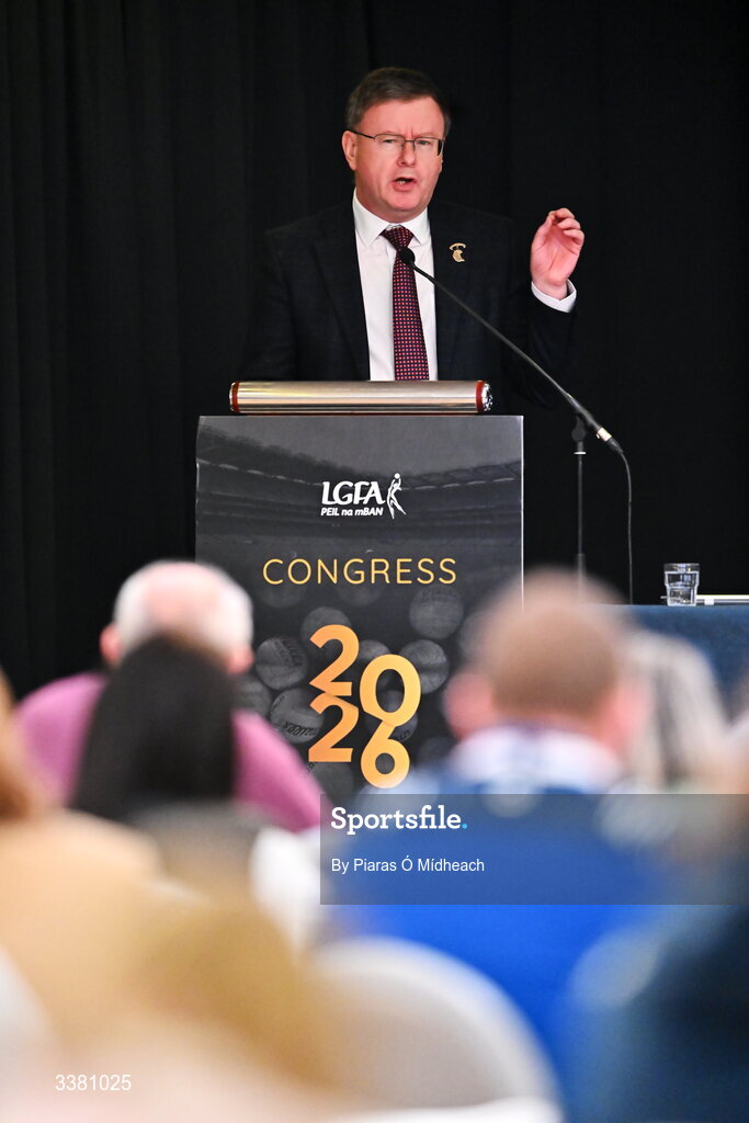 6 March 2026; Camogie President Brian Molloy during day one of the LGFA Annual Congress at the Diamond Coast Hotel in Sligo. Photo by Piaras Ó Mídheach/Sportsfile
