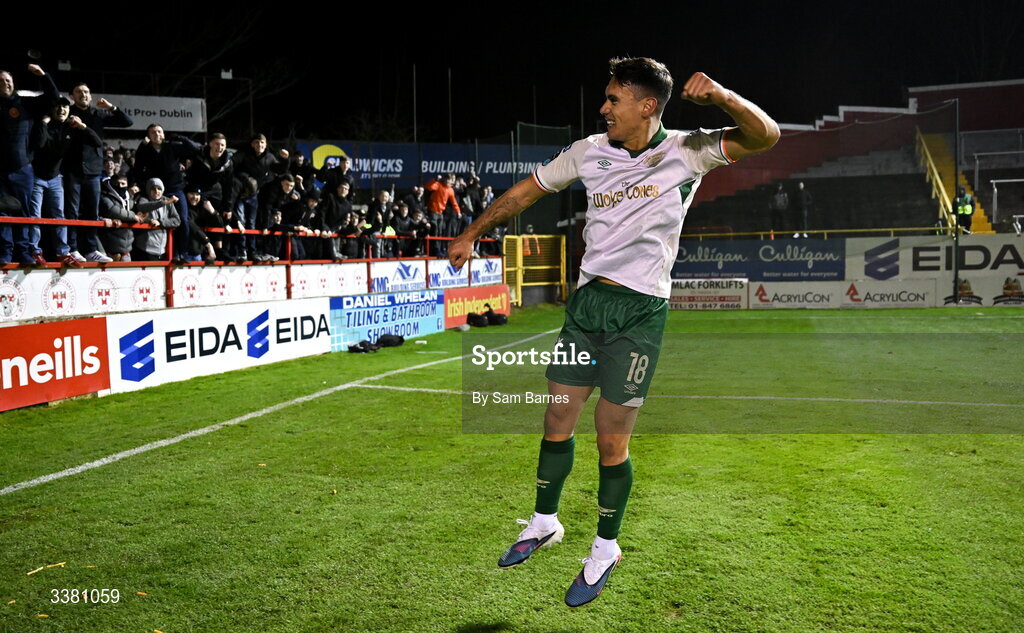 6 March 2026; Max Mata of St Patrick's Athletic celebrates after his side's victory in the SSE Airtricity Men's Premier Division match between Shelbourne and St Patrick's Athletic at Tolka Park in Dublin. Photo by Sam Barnes/Sportsfile