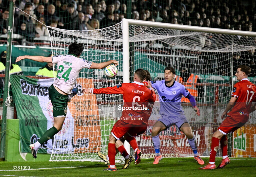 6 March 2026; Luke Turner of St Patrick's Athletic has a shot on goal which rebounds off the post during the SSE Airtricity Men's Premier Division match between Shelbourne and St Patrick's Athletic at Tolka Park in Dublin. Photo by Sam Barnes/Sportsfile
