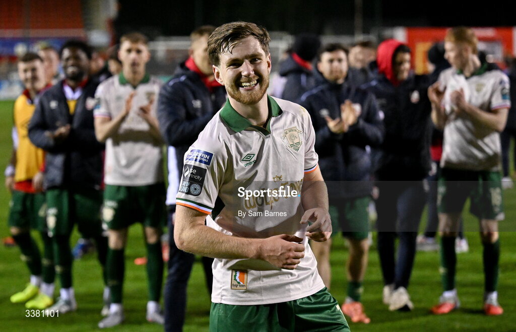 6 March 2026; Barry Baggley of St Patrick's Athletic celebrates after his side's victory in the SSE Airtricity Men's Premier Division match between Shelbourne and St Patrick's Athletic at Tolka Park in Dublin. Photo by Sam Barnes/Sportsfile