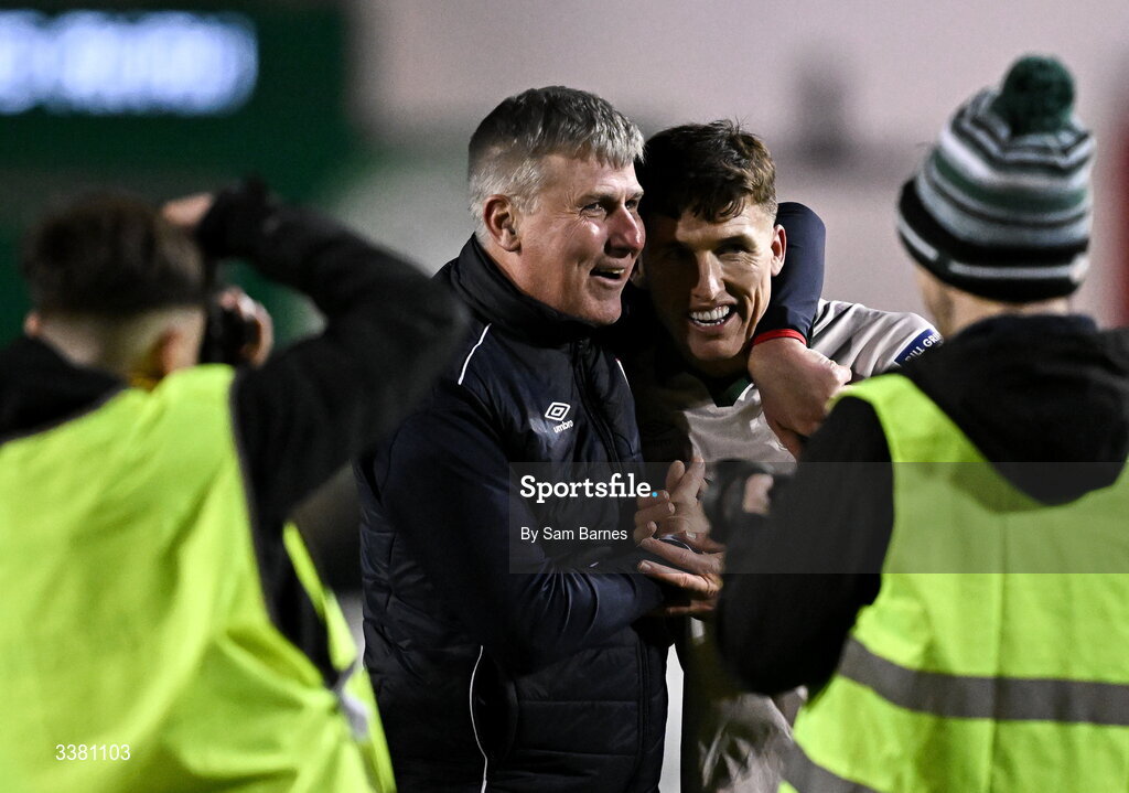6 March 2026; St Patrick's Athletic manager Stephen Kenny celebrates with Joe Redmond of St Patrick's Athletic after their side's victory in the SSE Airtricity Men's Premier Division match between Shelbourne and St Patrick's Athletic at Tolka Park in Dublin. Photo by Sam Barnes/Sportsfile