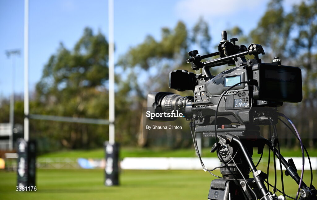 7 March 2026; A broadcast camera is seen before the Celtic Challenge Round 10 match between Wolfhounds and Clovers at Belfield Bowl in Dublin. Photo by Shauna Clinton/Sportsfile