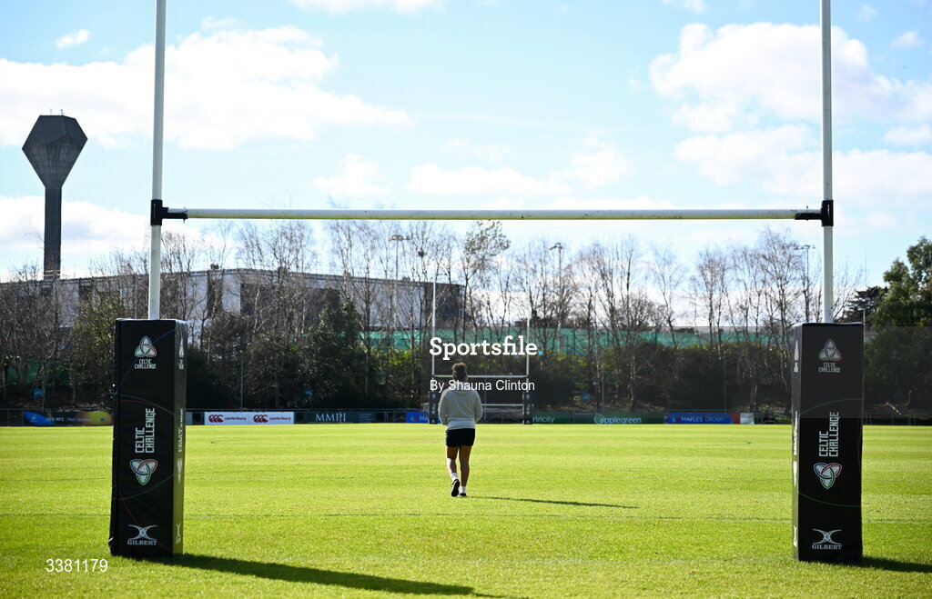 7 March 2026; Grace Moore of Wolfounds walks the pitch before the Celtic Challenge Round 10 match between Wolfhounds and Clovers at Belfield Bowl in Dublin. Photo by Shauna Clinton/Sportsfile
