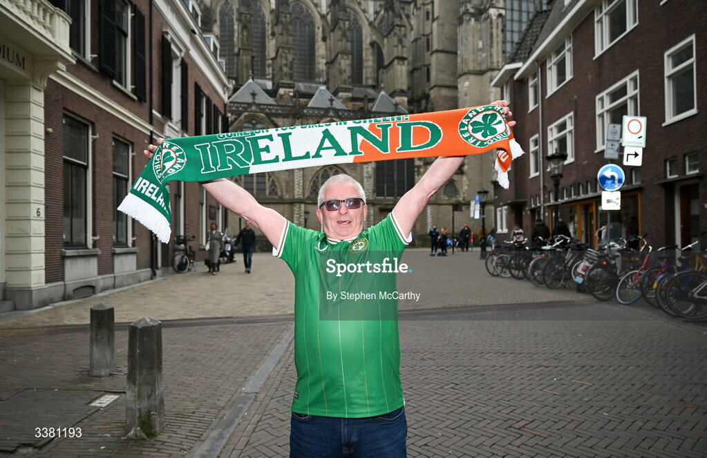 7 March 2026; Republic of Ireland supporter Robert Larkin in Utrecht ahead of their side's 2027 FIFA Women’s World Cup Qualifier match against Netherlands at Stadion Galgenwaard in Utrecht, Netherlands. Photo by Stephen McCarthy/Sportsfile