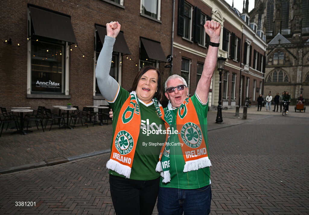 7 March 2026; Republic of Ireland supporters Ethyl and Robert Larkin in Utrecht ahead of their side's 2027 FIFA Women’s World Cup Qualifier match against Netherlands at Stadion Galgenwaard in Utrecht, Netherlands. Photo by Stephen McCarthy/Sportsfile
