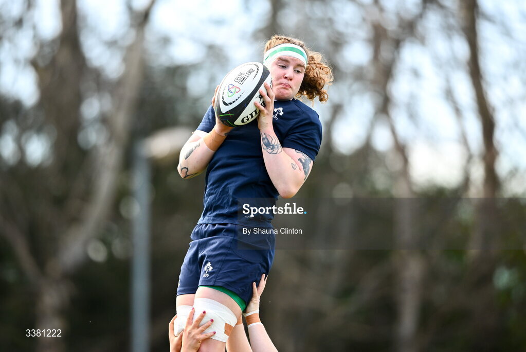7 March 2026; Ruth Campbell of Wolfhounds warms-up before the Celtic Challenge Round 10 match between Wolfhounds and Clovers at Belfield Bowl in Dublin. Photo by Shauna Clinton/Sportsfile