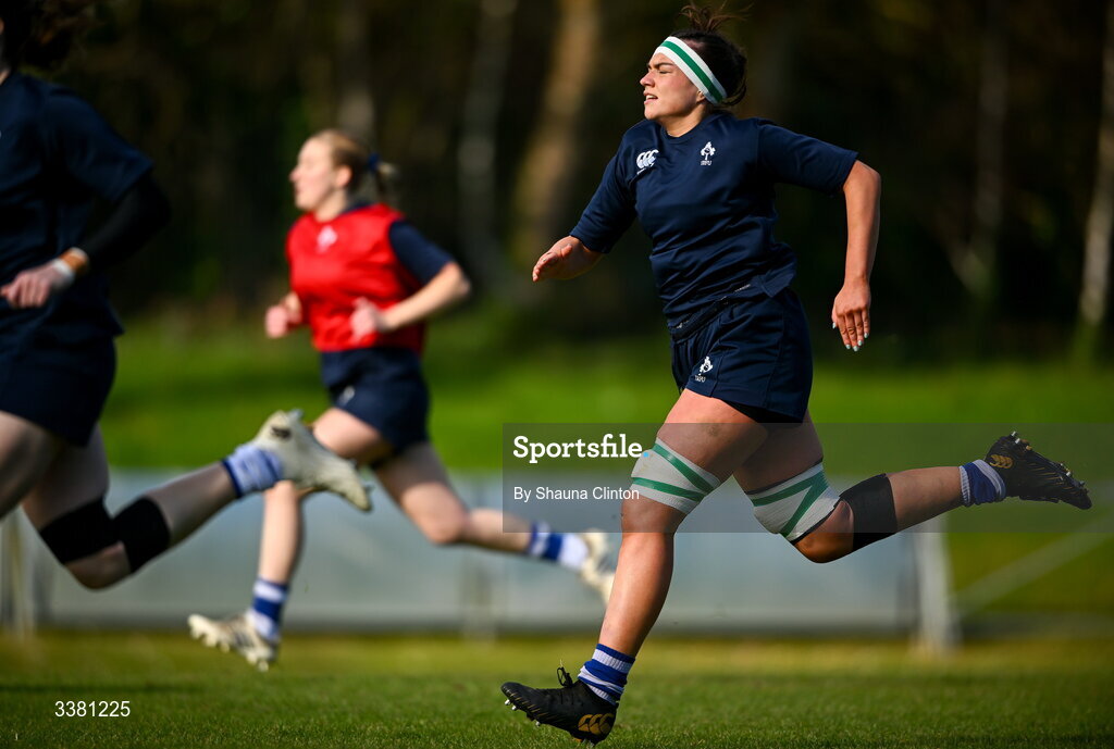 7 March 2026; Kate Jordan of Wolfhounds warms-up before the Celtic Challenge Round 10 match between Wolfhounds and Clovers at Belfield Bowl in Dublin. Photo by Shauna Clinton/Sportsfile