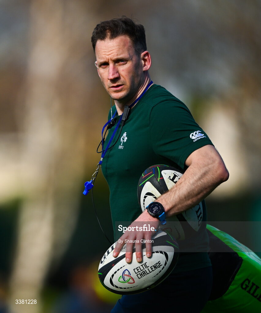 7 March 2026; Wolfhounds head coach Neil Alcorn before the Celtic Challenge Round 10 match between Wolfhounds and Clovers at Belfield Bowl in Dublin. Photo by Shauna Clinton/Sportsfile