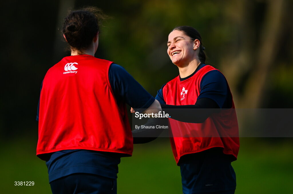 7 March 2026; Wolfhounds players Abby Moyles, left, and Vicky Elmes Kinlan warm-up before the Celtic Challenge Round 10 match between Wolfhounds and Clovers at Belfield Bowl in Dublin. Photo by Shauna Clinton/Sportsfile