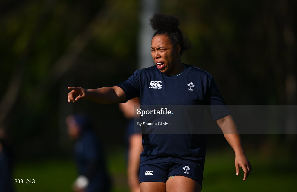 7 March 2026; Grace Moore of Wolfhounds warms-up before the Celtic Challenge Round 10 match between Wolfhounds and Clovers at Belfield Bowl in Dublin. Photo by Shauna Clinton/Sportsfile