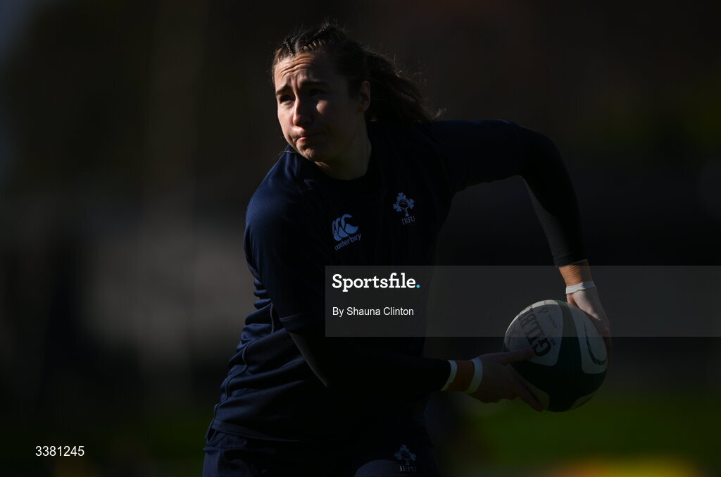 7 March 2026; Eve Higgins of Wolfhounds warms-up before the Celtic Challenge Round 10 match between Wolfhounds and Clovers at Belfield Bowl in Dublin. Photo by Shauna Clinton/Sportsfile