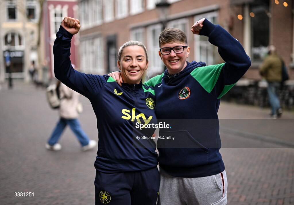 7 March 2026; Republic of Ireland supporters, from left, Katie Melady and Laura Matthews in Utrecht ahead of their side's 2027 FIFA Women’s World Cup Qualifier match against Netherlands at Stadion Galgenwaard in Utrecht, Netherlands. Photo by Stephen McCarthy/Sportsfile