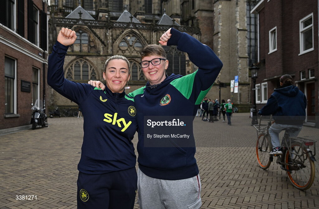 7 March 2026; Republic of Ireland supporters Katie Melady, left, and Laura Matthews in Utrecht ahead of their side's 2027 FIFA Women’s World Cup Qualifier match against Netherlands at Stadion Galgenwaard in Utrecht, Netherlands. Photo by Stephen McCarthy/Sportsfile