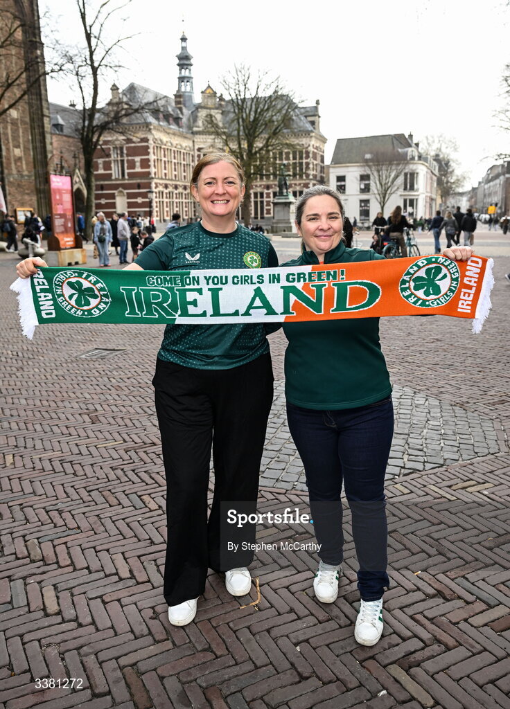 7 March 2026; Republic of Ireland supporters, from left, Lisa McCarthy, left, and Maura Tarrant in Utrecht ahead of their side's 2027 FIFA Women’s World Cup Qualifier match against Netherlands at Stadion Galgenwaard in Utrecht, Netherlands. Photo by Stephen McCarthy/Sportsfile