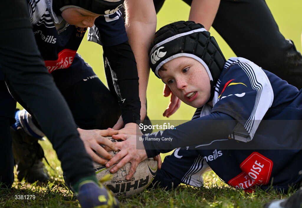 7 March 2026; Action during the Aviva Minis Rugby Festival between Portlaoise RFC and Boyne RFC at Balbriggan Rugby Club in Dublin. Photo by Ramsey Cardy/Sportsfile