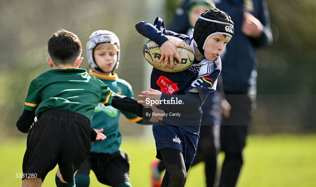 7 March 2026; Action during the Aviva Minis Rugby Festival between Portlaoise RFC and Boyne RFC at Balbriggan Rugby Club in Dublin. Photo by Ramsey Cardy/Sportsfile