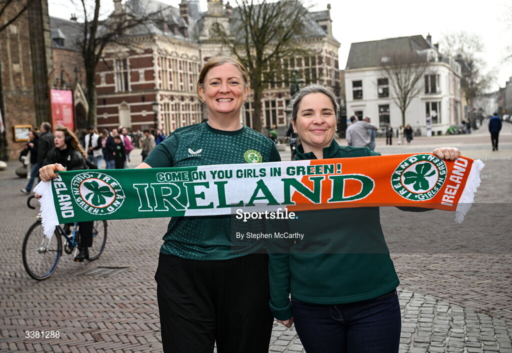 7 March 2026; Republic of Ireland supporters, from left, Lisa McCarthy, left, and Maura Tarrant in Utrecht ahead of their side's 2027 FIFA Women’s World Cup Qualifier match against Netherlands at Stadion Galgenwaard in Utrecht, Netherlands. Photo by Stephen McCarthy/Sportsfile