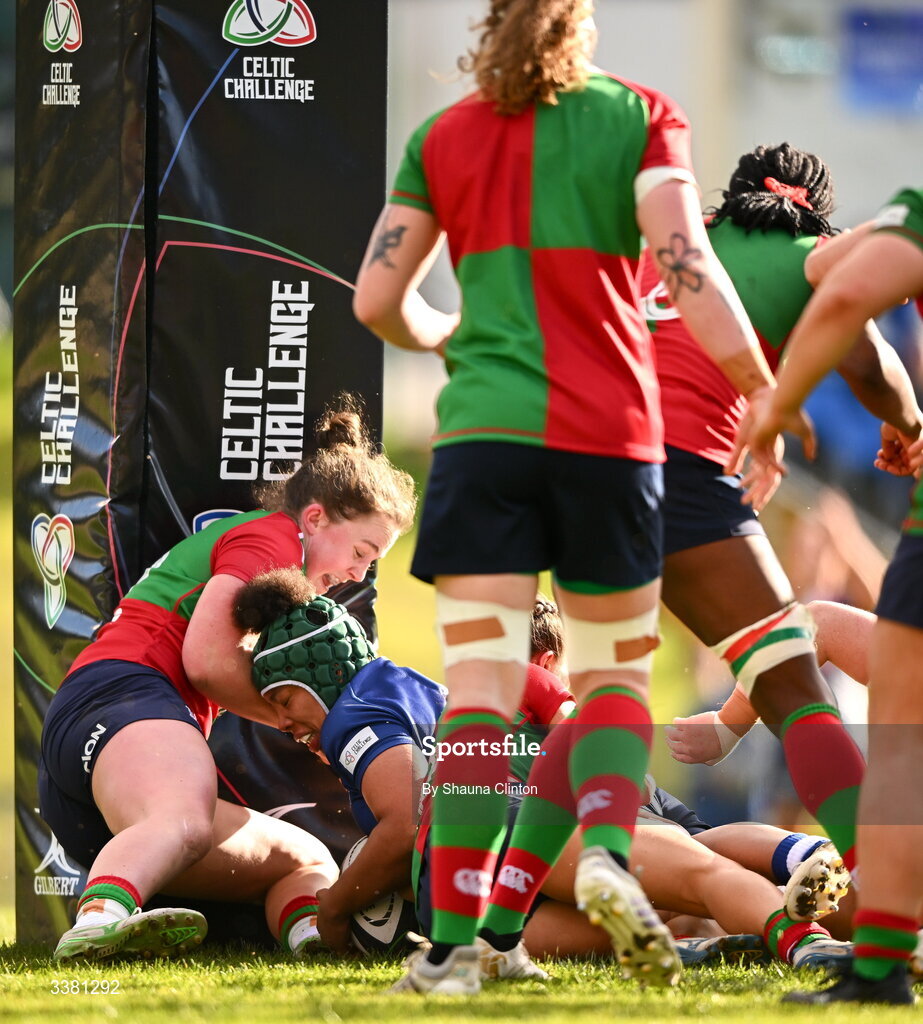 7 March 2026; Grace Moore of Wolfhounds scores her side's first try during the Celtic Challenge Round 10 match between Wolfhounds and Clovers at Belfield Bowl in Dublin. Photo by Shauna Clinton/Sportsfile