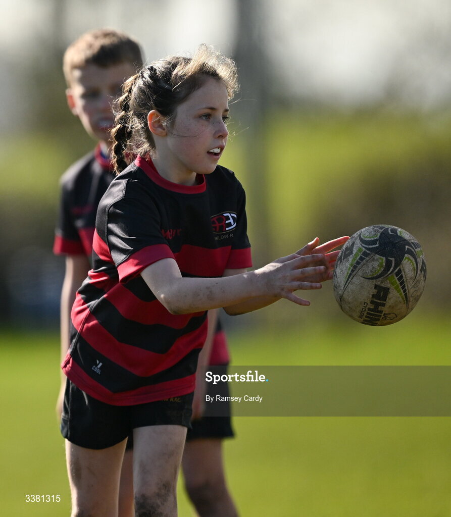 7 March 2026; Action during the Aviva Minis Rugby Festival between Portlaoise RFC and Arklow RFC at Balbriggan Rugby Club in Dublin. Photo by Ramsey Cardy/Sportsfile