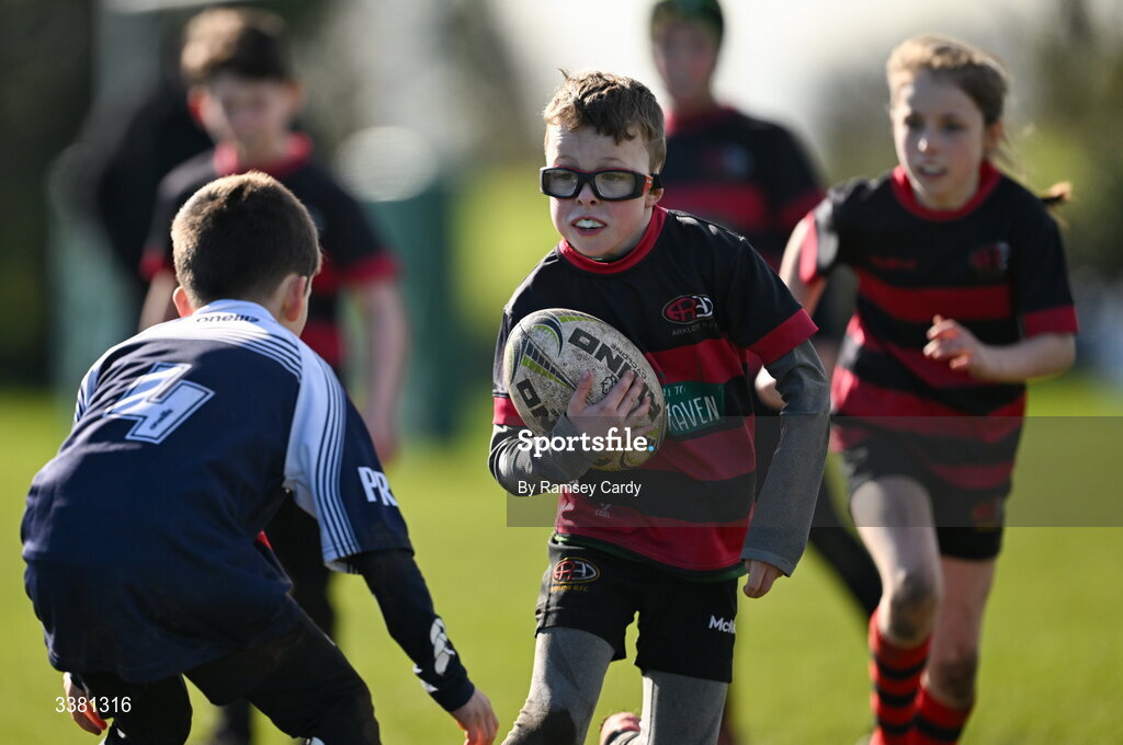 7 March 2026; Action during the Aviva Minis Rugby Festival between Portlaoise RFC and Arklow RFC at Balbriggan Rugby Club in Dublin. Photo by Ramsey Cardy/Sportsfile