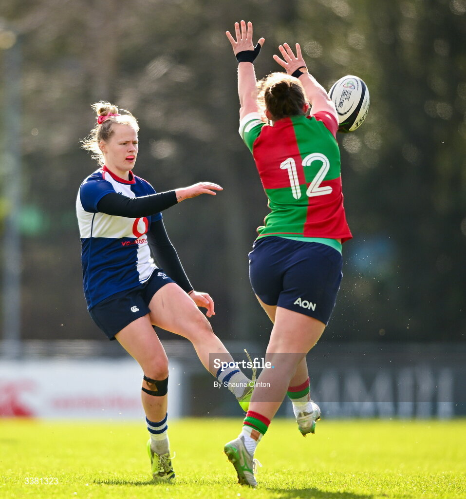 7 March 2026; Dannah O'Brien of Wolfhounds kicks on during the Celtic Challenge Round 10 match between Wolfhounds and Clovers at Belfield Bowl in Dublin. Photo by Shauna Clinton/Sportsfile