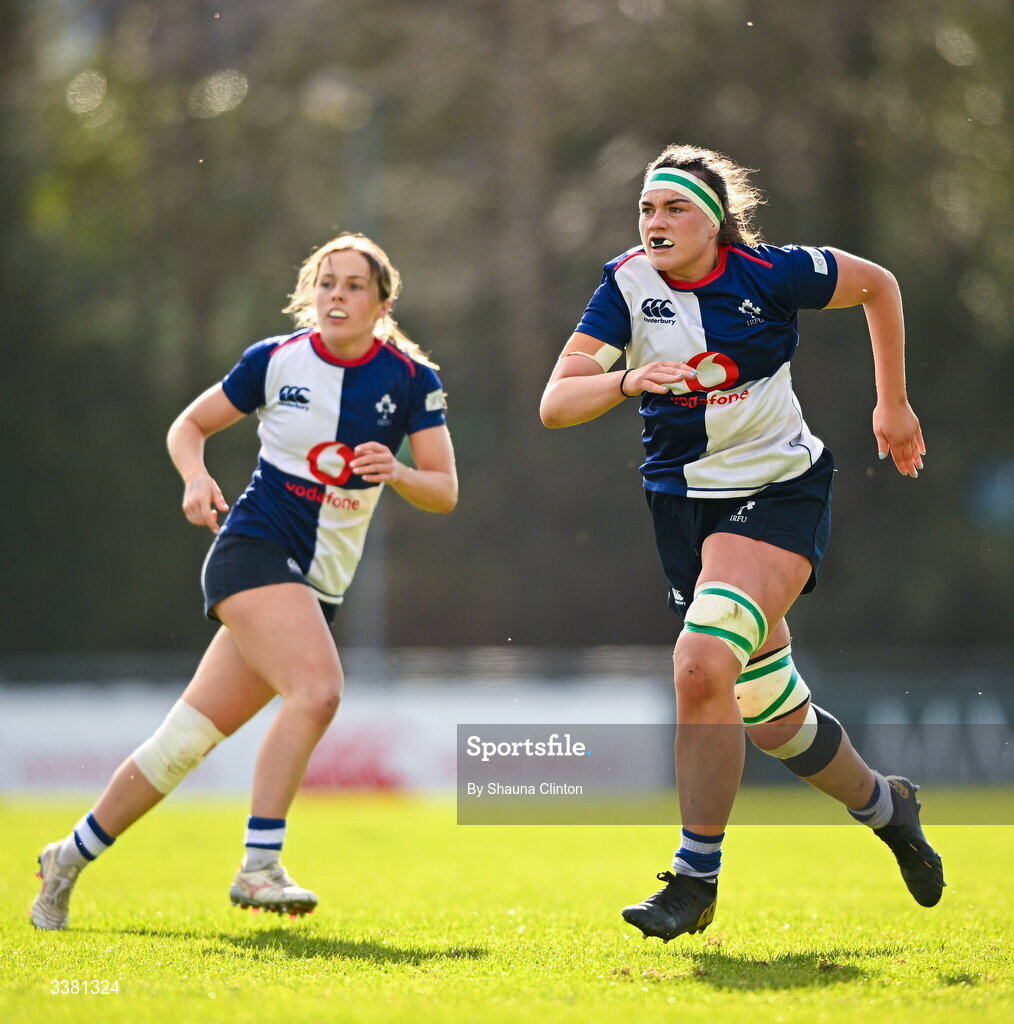 7 March 2026; Wolfhounds players Aoibheann Reilly, left, and Kate Jordan during the Celtic Challenge Round 10 match between Wolfhounds and Clovers at Belfield Bowl in Dublin. Photo by Shauna Clinton/Sportsfile