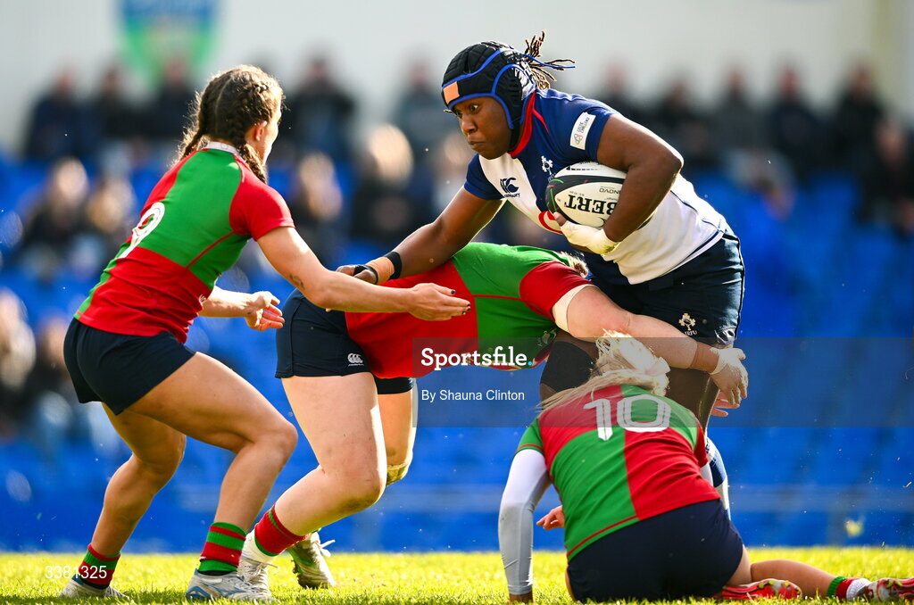 7 March 2026; Linda Djougang of Wolfhounds is tackled by Siobhán McCarthy of Clovers during the Celtic Challenge Round 10 match between Wolfhounds and Clovers at Belfield Bowl in Dublin. Photo by Shauna Clinton/Sportsfile