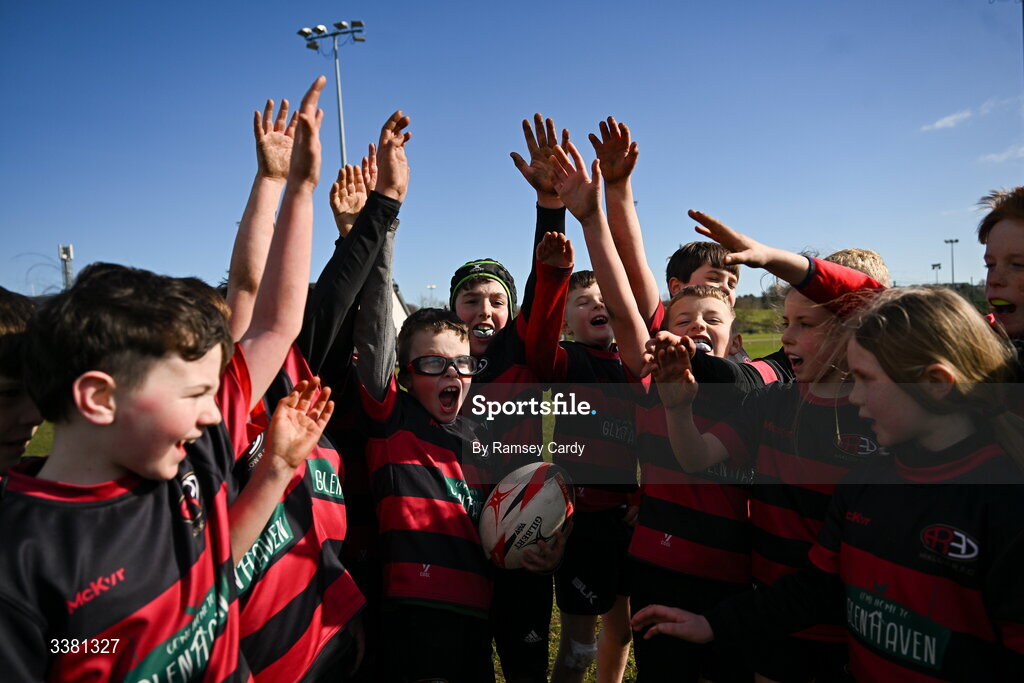 7 March 2026; The Arklow RFC team during the Aviva Minis Rugby Festival at Balbriggan Rugby Club in Dublin. Photo by Ramsey Cardy/Sportsfile