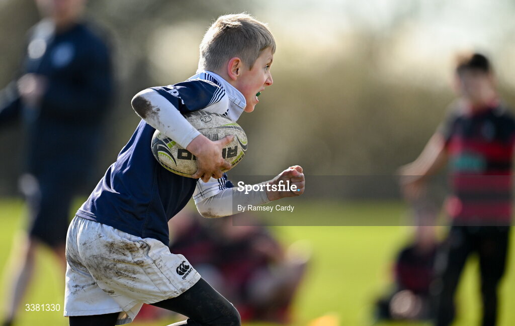 7 March 2026; Action during the Aviva Minis Rugby Festival between Portlaoise RFC and Arklow RFC at Balbriggan Rugby Club in Dublin. Photo by Ramsey Cardy/Sportsfile