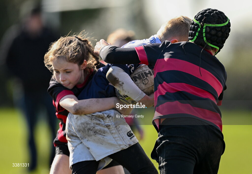 7 March 2026; Action during the Aviva Minis Rugby Festival between Portlaoise RFC and Arklow RFC at Balbriggan Rugby Club in Dublin. Photo by Ramsey Cardy/Sportsfile