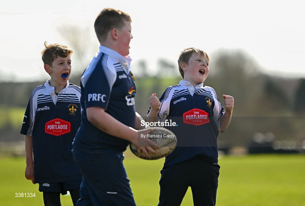 7 March 2026; Action during the Aviva Minis Rugby Festival between Portlaoise RFC and Arklow RFC at Balbriggan Rugby Club in Dublin. Photo by Ramsey Cardy/Sportsfile
