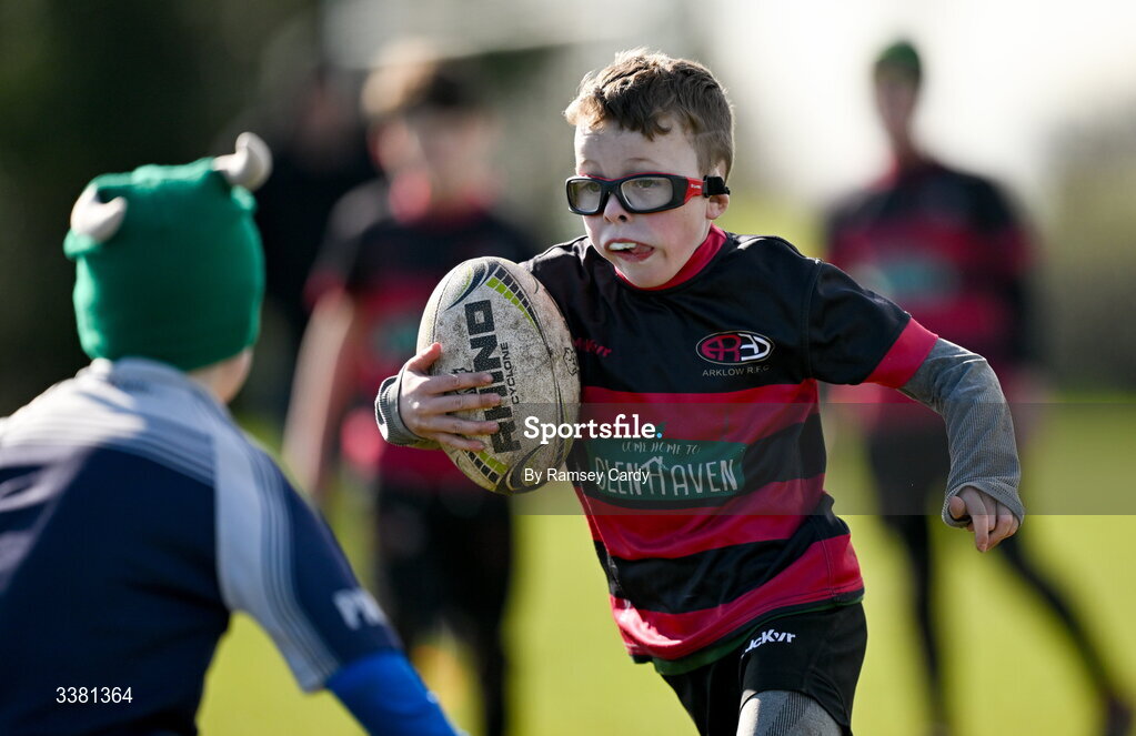 7 March 2026; Action during the Aviva Minis Rugby Festival between Portlaoise RFC and Arklow RFC at Balbriggan Rugby Club in Dublin. Photo by Ramsey Cardy/Sportsfile