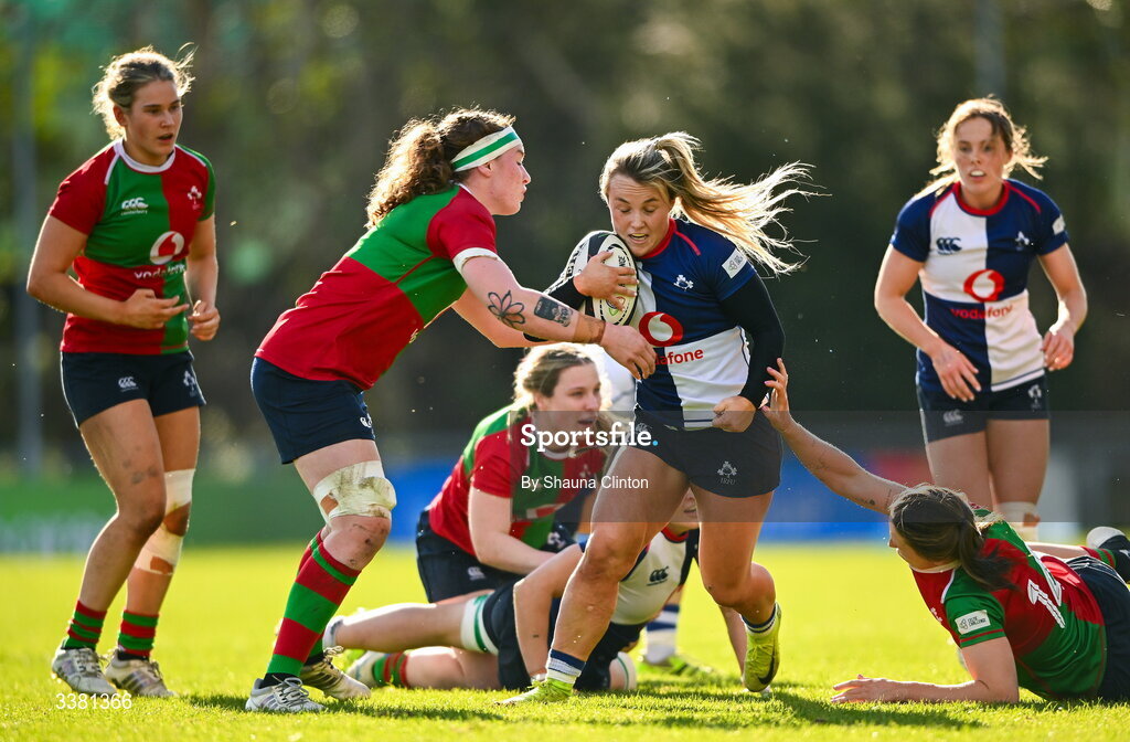 7 March 2026; Aoife Dalton of Wolfhounds is tackled by Ruth Campbell of Clovers during the Celtic Challenge Round 10 match between Wolfhounds and Clovers at Belfield Bowl in Dublin. Photo by Shauna Clinton/Sportsfile