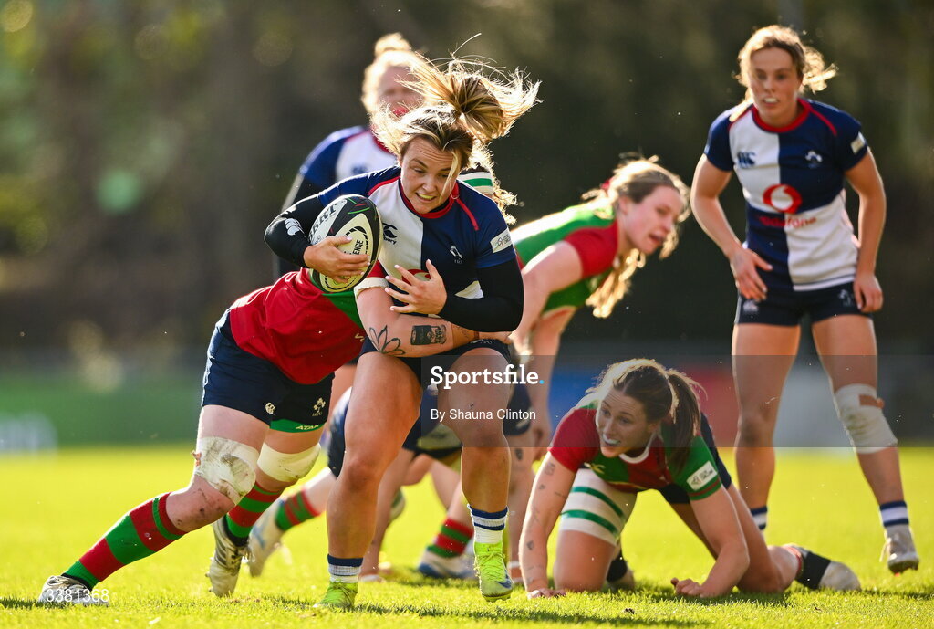 7 March 2026; Aoife Dalton of Wolfhounds is tackled by Ruth Campbell of Clovers during the Celtic Challenge Round 10 match between Wolfhounds and Clovers at Belfield Bowl in Dublin. Photo by Shauna Clinton/Sportsfile