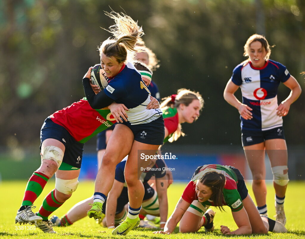 7 March 2026; Aoife Dalton of Wolfhounds is tackled by Ruth Campbell of Clovers during the Celtic Challenge Round 10 match between Wolfhounds and Clovers at Belfield Bowl in Dublin. Photo by Shauna Clinton/Sportsfile