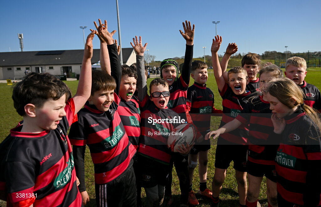 7 March 2026; The Arklow RFC team during the Aviva Minis Rugby Festival at Balbriggan Rugby Club in Dublin. Photo by Ramsey Cardy/Sportsfile