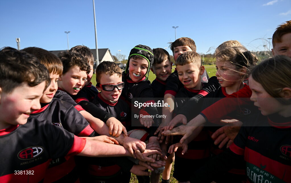 7 March 2026; The Arklow RFC team during the Aviva Minis Rugby Festival at Balbriggan Rugby Club in Dublin. Photo by Ramsey Cardy/Sportsfile