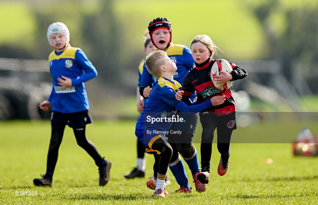 7 March 2026; Action during the Aviva Minis Rugby Festival between Ratoath RFC and Arklow RFC at Balbriggan Rugby Club in Dublin. Photo by Ramsey Cardy/Sportsfile